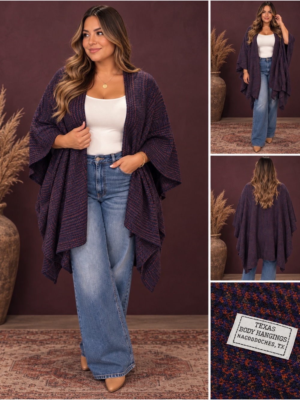 Texas Body Hangings wool cape cardi poncho vintage artisan navy plum dash patter